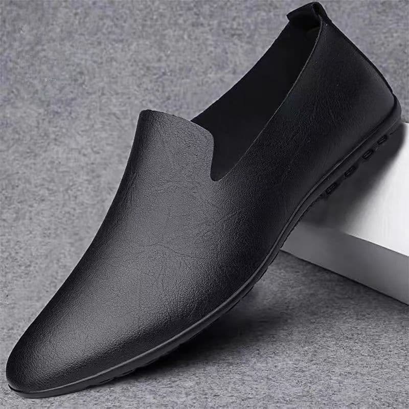 Men's Summer Thin Loafer Shoes Genuine Leather Single-Layer Driving Shoes Breathable Comfortable All-Black Soft Sole Slip-On