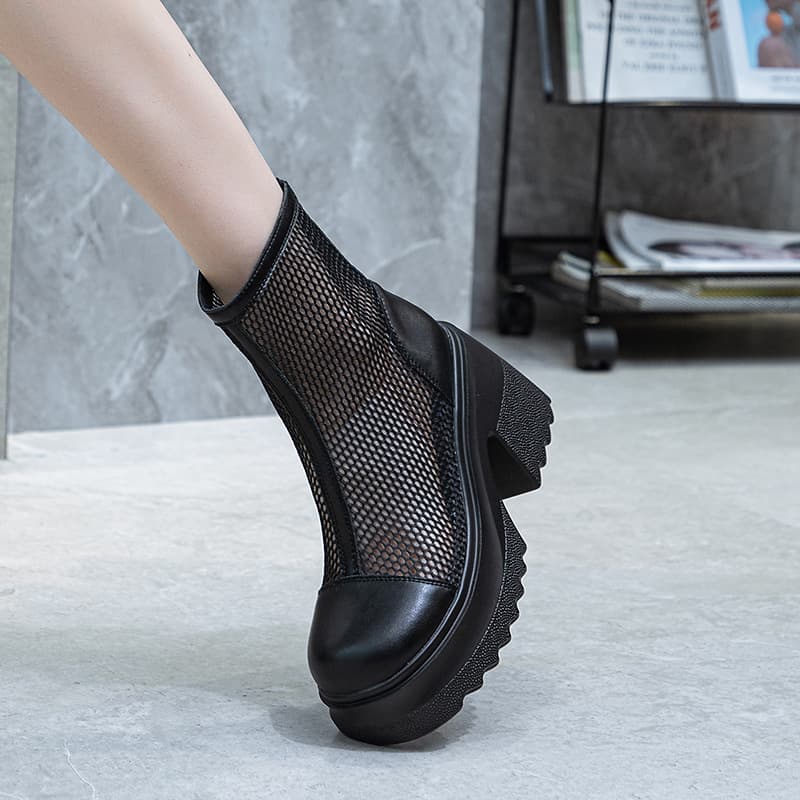 Women's Mesh Martin Boots, Summer 2026 New Style, Hollowed-out Ankle Boots, Thick Sole, Petite Figure, 10cm Heel, Versatile, Breathable Women's Sandals