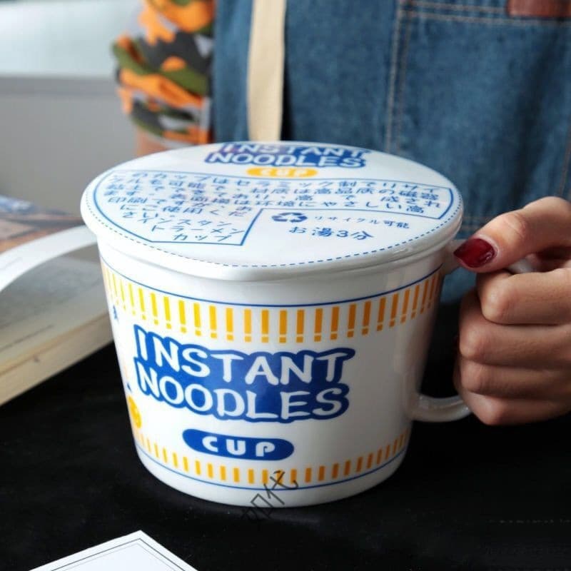 Japanese Creative Ceramic Instant Noodle Bowl, Microwave Safe Bowl, Student Dormitory with Lid Large Soup Bowl, Large Cup Tableware Bowl