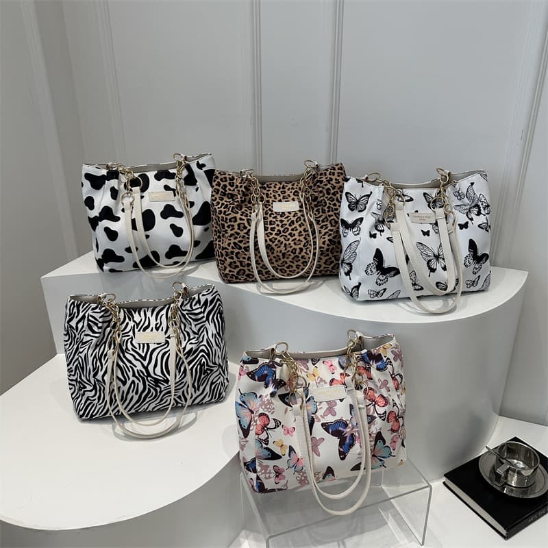 Korean Style Ins Leopard Print Canvas Bag Women's Handbag Printed Shoulder Bag Student Hong Kong Style Retro Large Canvas Tote Bag