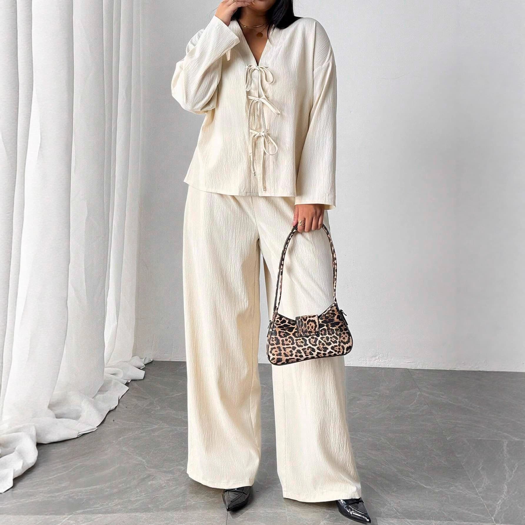 European and American cross-border large size women's clothing suits autumn and winter solid color long-sleeved lace-up trousers loose casual high-end women's clothes
