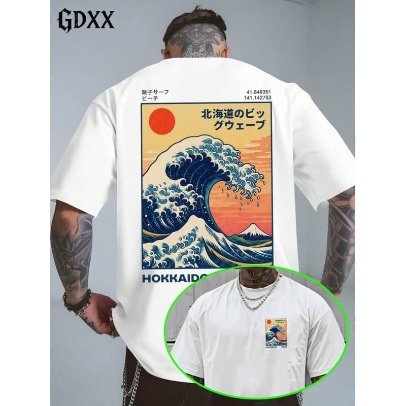 Ouma Pure Cotton Plus-Size Great Wave Hokkaido Surf Design Graphic T-