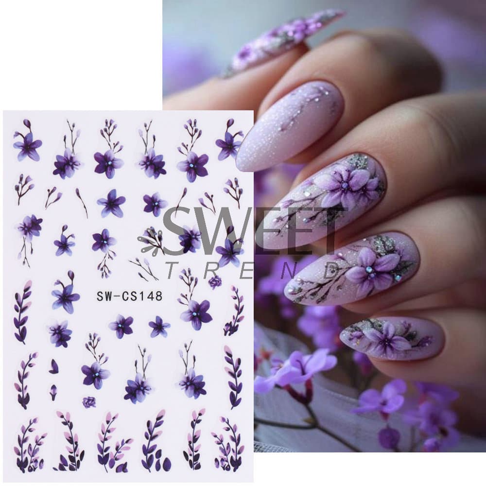 New Nail Art Stickers Spring and Summer 3D Retro Flowers Purple Tulip Butterfly Waterproof Adhesive Nail Stickers