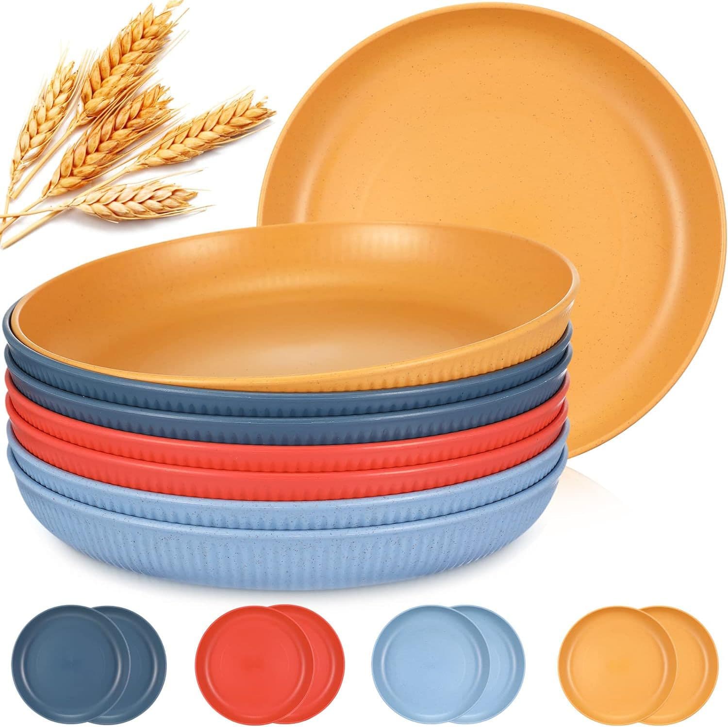 Reusable Wheat Straw Plates Set of 8 - Striped Plate Set