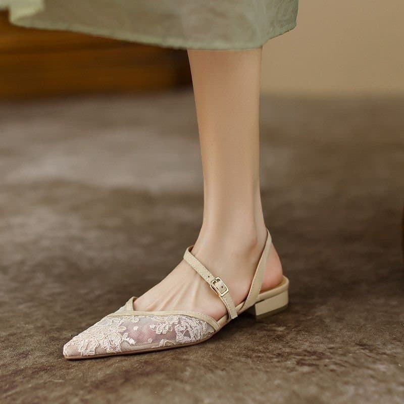 2026 New French Toe-Cover Sandals Black Mesh Lace Dressy One-Strap Pointed Toe Thin Outing Style