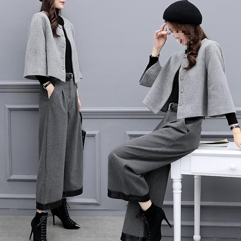 2023 New Women's Autumn/Winter Plus Size Two-Piece Set, Woolen Short Coat with Wide-Leg Pants, Casual Fashion Suit for Women