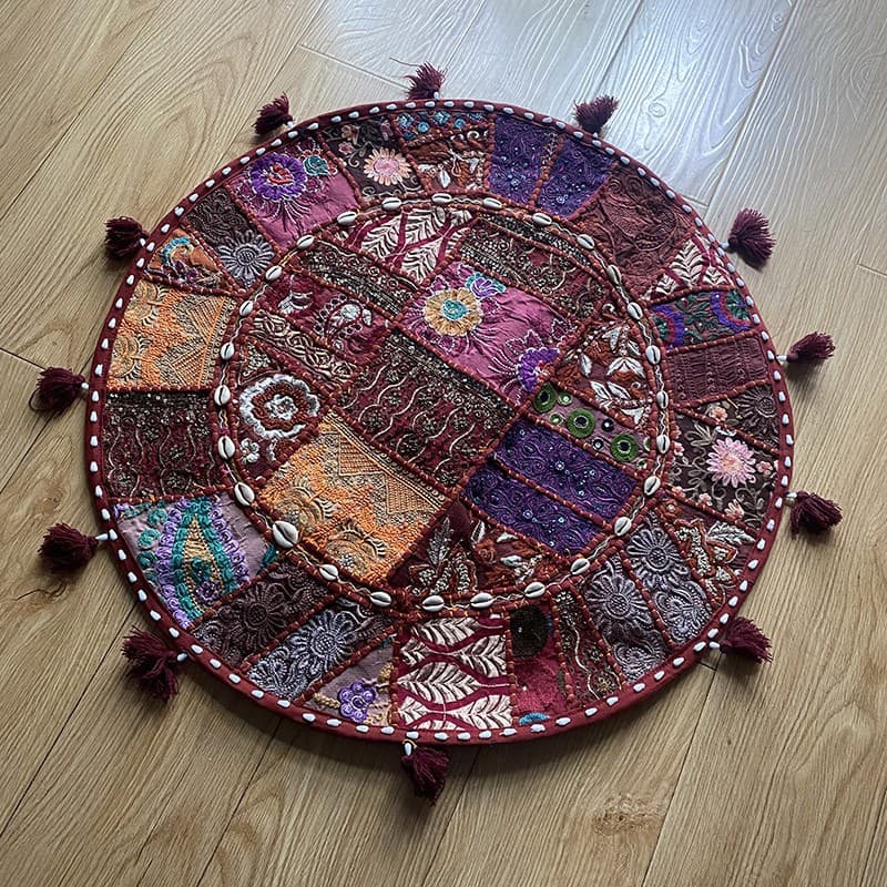 Exotic Indian Semi-Handmade Embroidered Patchwork Floor Cushion Cover, Meditation Yoga Mat Round Stool Cover