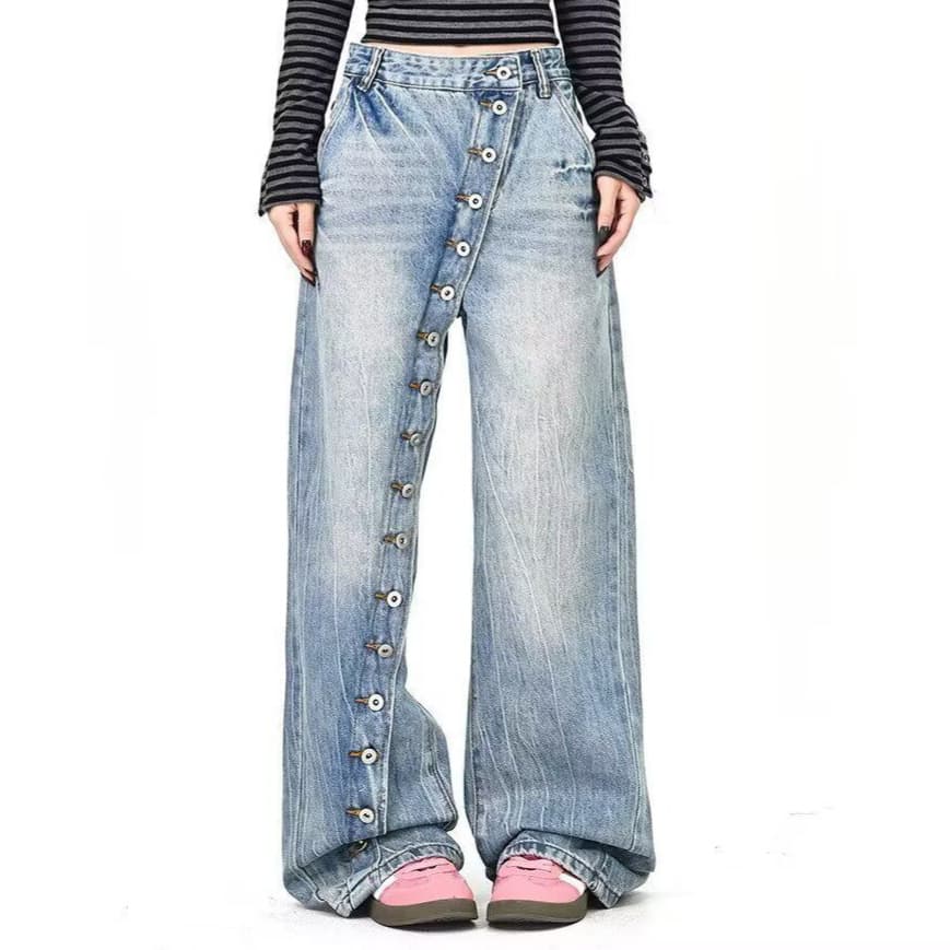 Cross-border American Vintage Washed Asymmetrical Button Straight-Leg Jeans for Women, Designer Loose Casual Versatile Wide-Leg Pants