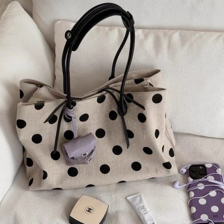 Large Capacity Linen Polka Dot Handbag Women 2026 New Style High-End Niche Commute Shoulder Bag Tote Bag