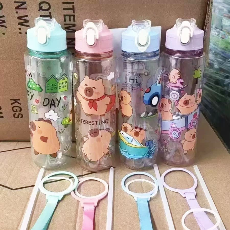 Summer Capybara Large Capacity Straw Water Bottle Cross-Border High Appearance Cartoon Plastic Rope Cute Straw Water Cup