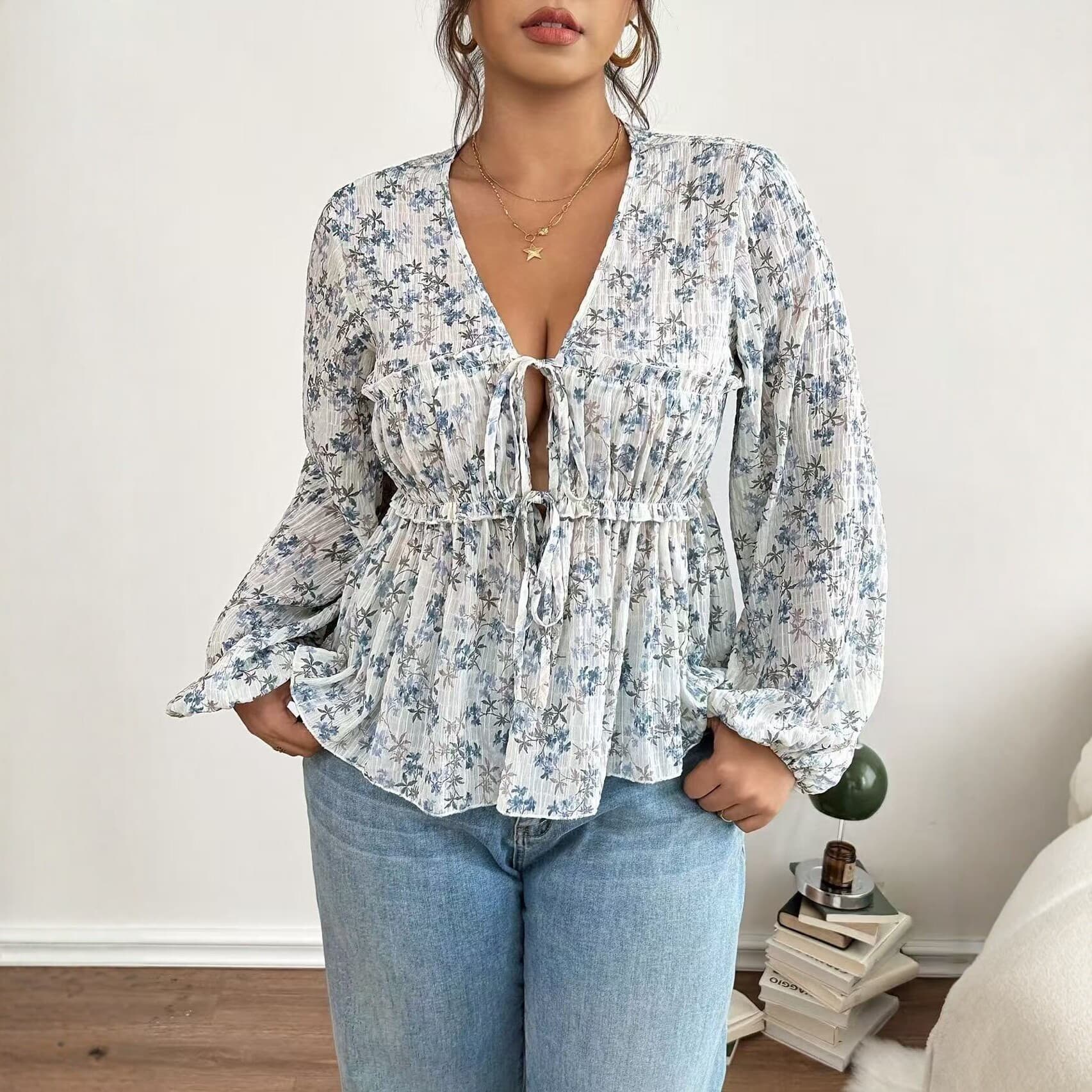 2026 New Style European and American Printed V-Neck Tie Chiffon Blouse Women's Long Sleeve Puff Sleeve Loose Slimming Top