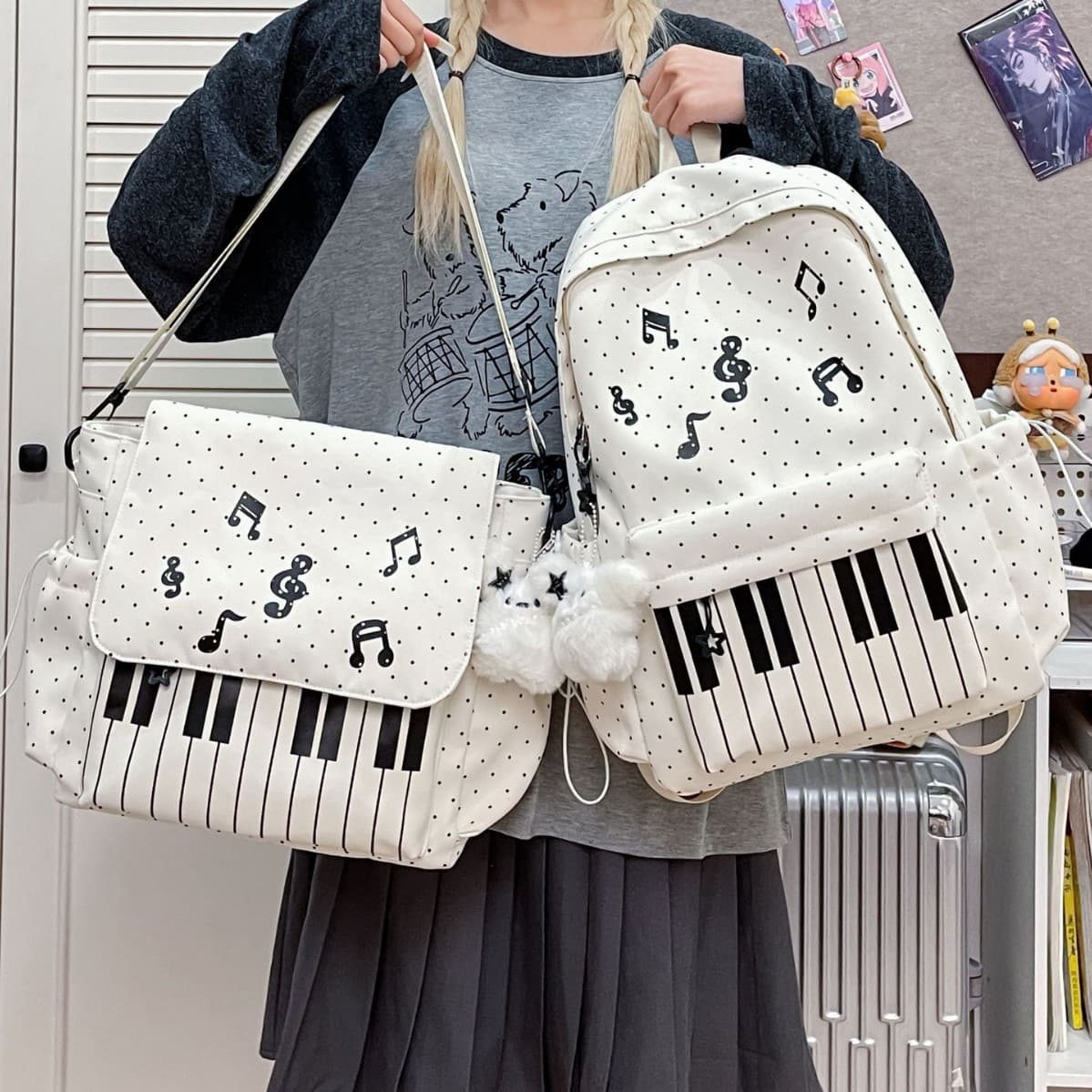 Cross-border fashion schoolbag girl piano key polka dot junior high school backpack design niche backpack single and double bags