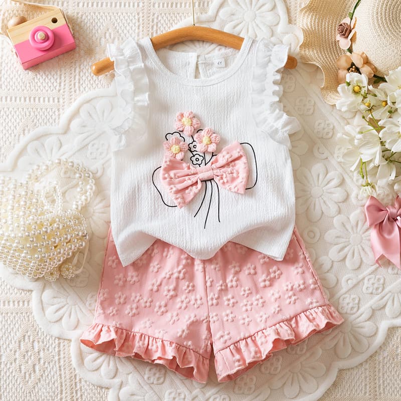 Cute Girls Summer Outfit Set for EU/US Market - Toddler Loose Fit 3D Flower Cap Sleeve Top + Skirt