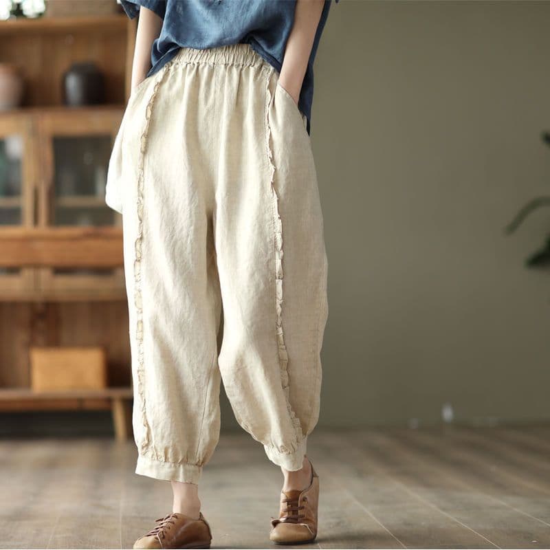 Pure cotton literary retro fungus casual pants for women summer new high waist slimming solid color nine-point pants harem pants