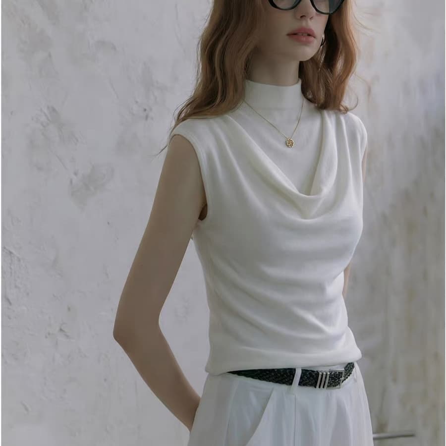 French Style White Half Turtleneck Sleeveless Knit Top for Women Summer Design Slim Fit Breathable Lightweight Blouse