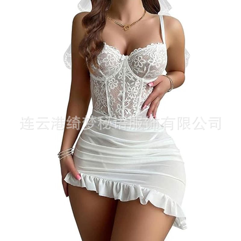 Cross-border Amazon Sexy Lingerie Winter Sheer Lace Dress Lightweight Camisole Dress Bodycon Dress Women's Sensual Lace