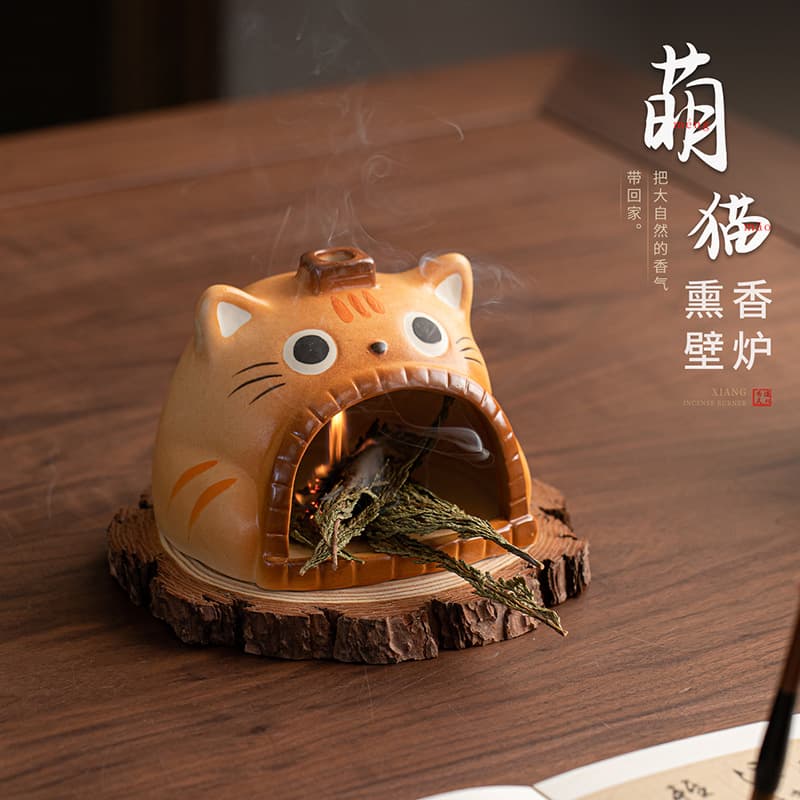 Cute cat incense fireplace, cartoon ceramic aromatherapy burner, sacred wood, sage, cedar, lavender incense burner, atmosphere ornament