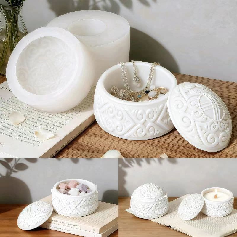 Embossed candle cup with lid silicone mold diy handmade plaster aromatherapy container ornaments crystal glue storage box