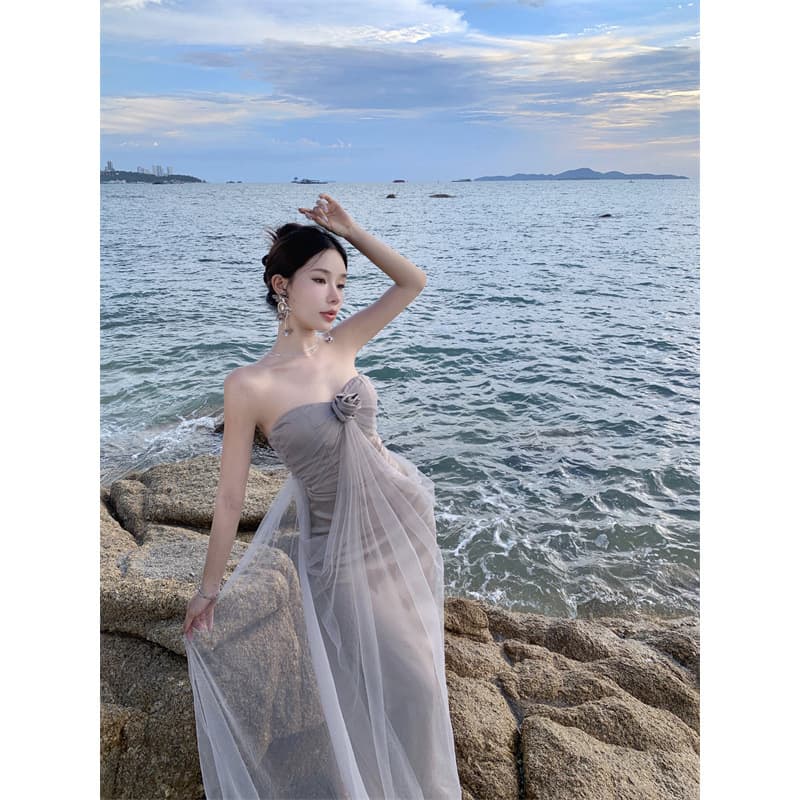 2024 Collarbone One Shoulder Super Fairy Mesh Tube Top Dress Slim and Slim Sexy Hot Girl Off Shoulder Women Summer Long