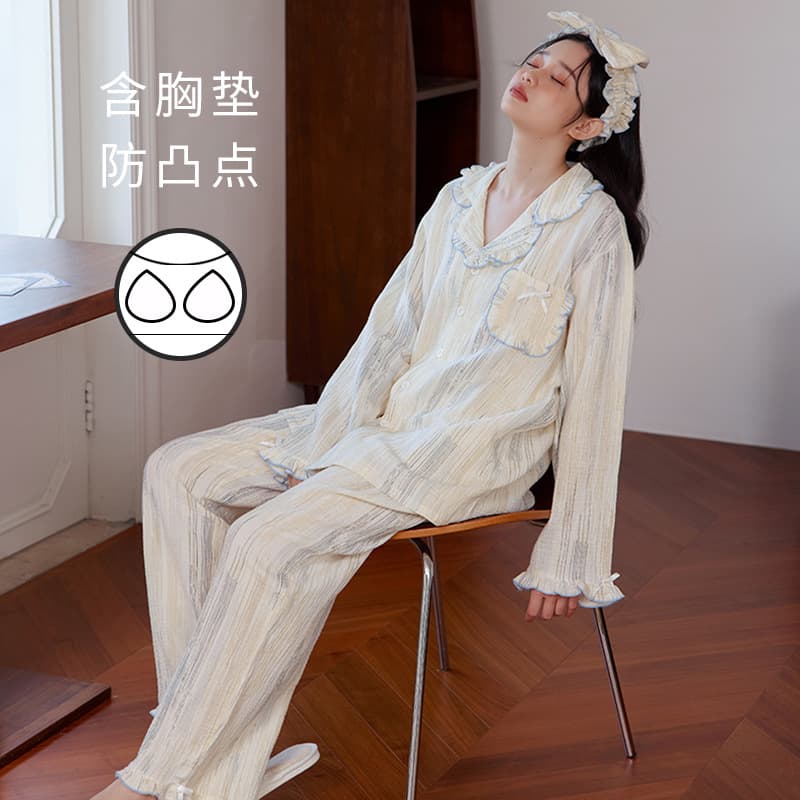Soft Skin-Friendly Pure Cotton Double-Layer Cotton Gauze Long-Sleeve Pajamas for Women, Sweet Lace Collar, Autumn Full Cotton Homewear Set