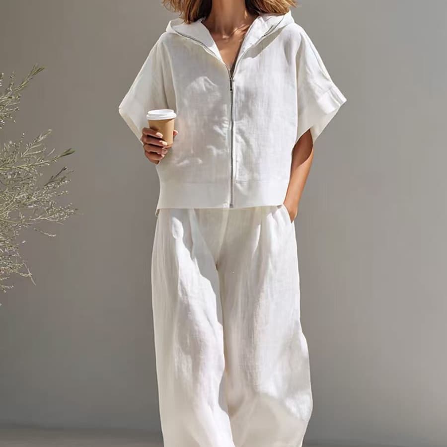 Cross-Border Multi-Color Linen Hooded Set for Women, Zipper Breathable Drapey Wide-Leg Pants Two-Piece Set, Korean Style Low Saturation