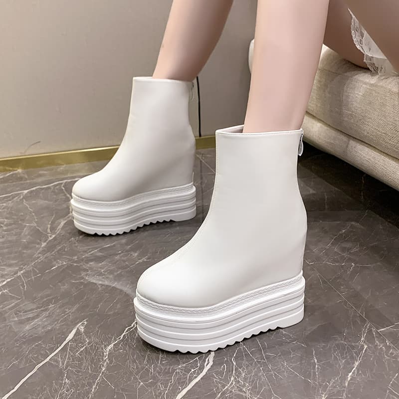 13CM White Platform Boots with Wedge Heel, Ultra-High Heel Short Boots with Hidden Height Increase, Thick-Soled Martin Boots for Petite Women
