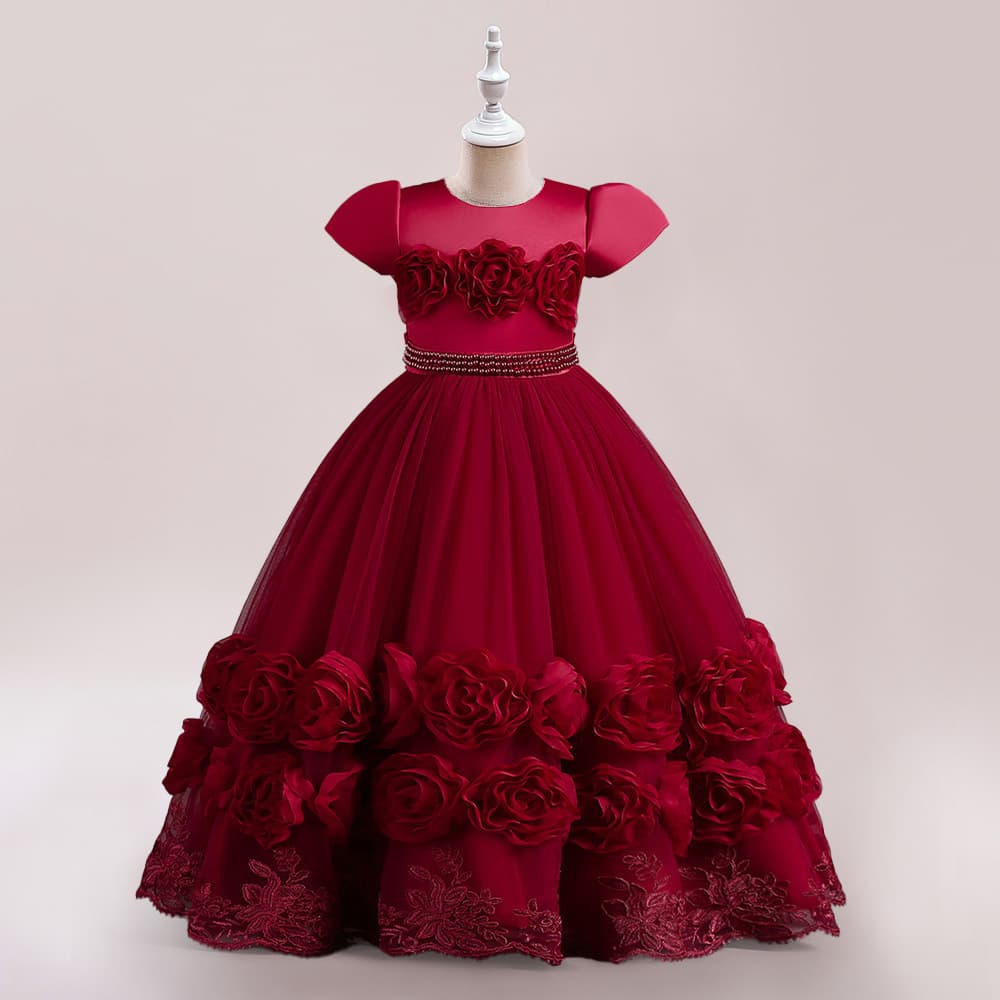 Amazon New Children's Formal Dress Satin Fabric 3D Rose Elegant Girl's Dress Runway Wedding Dress In Stock