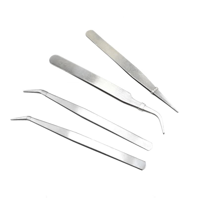Bent and straight type stainless steel precision tweezers, bent and pointed tips for DIY scrapbooking tools, eyelash and nail art tweezers.