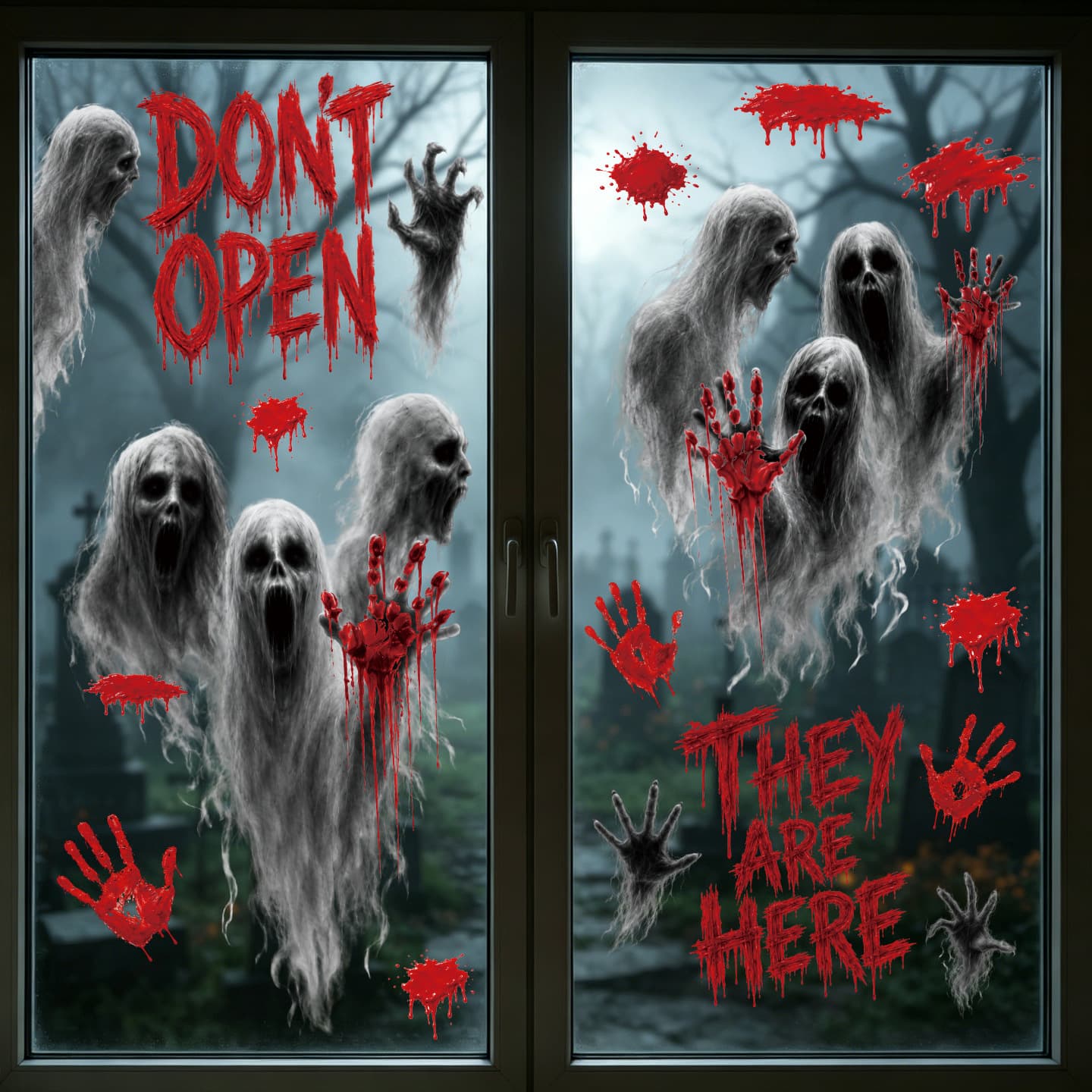 New cross-border Halloween shopping mall window ghost horror stickers Halloween party decoration blood handprint static stickers