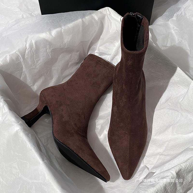 Women's Brown Short Boots, High Heels, Autumn and Winter New Versatile French Stiletto Elastic Boots, Suede Pointed Toe Slim