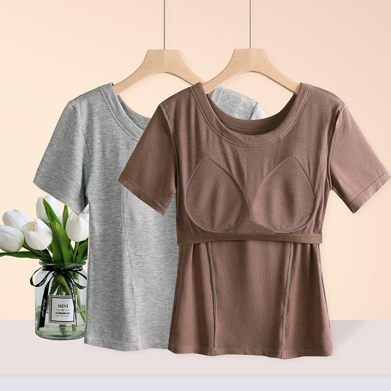 Modal ribbed short-sleeve with built-in bra pads regular shoulder T-shirt women's summer thin version braless plus size outerwear top.