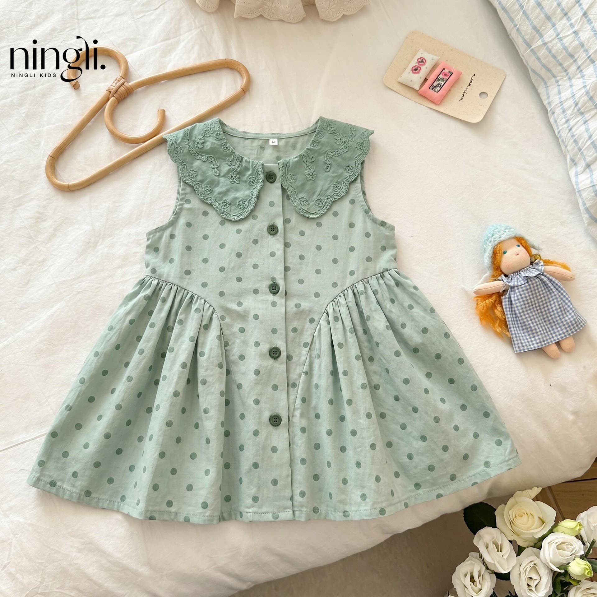 [Lemon Li] Mint Lime! 2026 Summer Girls Green Polka Dot Embroidered Doll Collar Holiday Style Tank Top