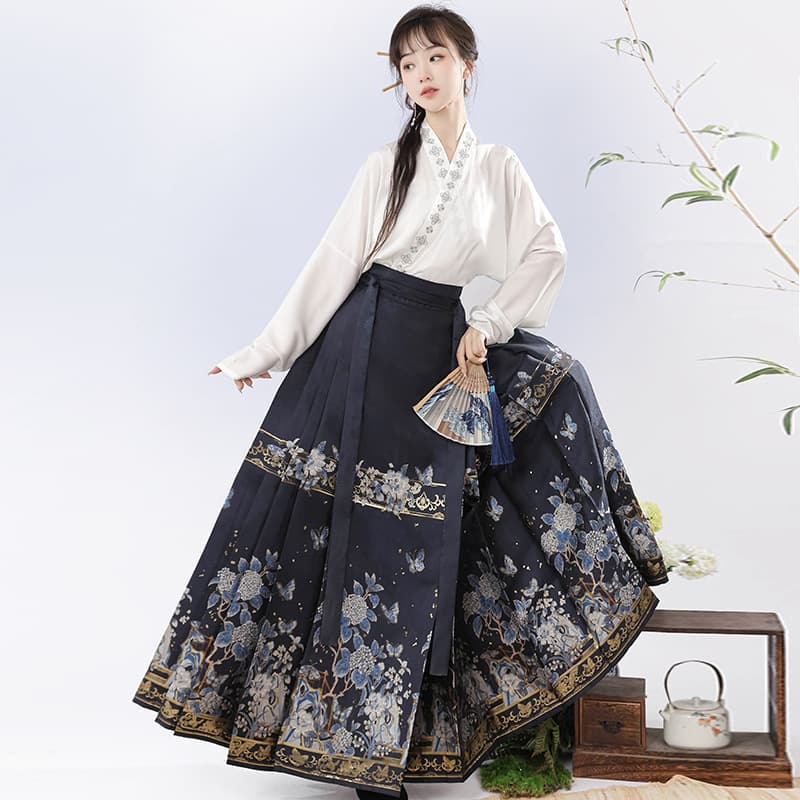 Original Snowball Butterfly Hanfu Women's National Style New Chinese Style Gold-woven Horse Face Skirt Top Daily Set 8758