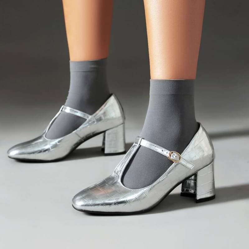 New Women's Fashion Single Shoes Size 40-48 Cross-Border Women's Shoes Round Toe Silver High Heel Single Shoes Four-Season Wear Leather Shoes