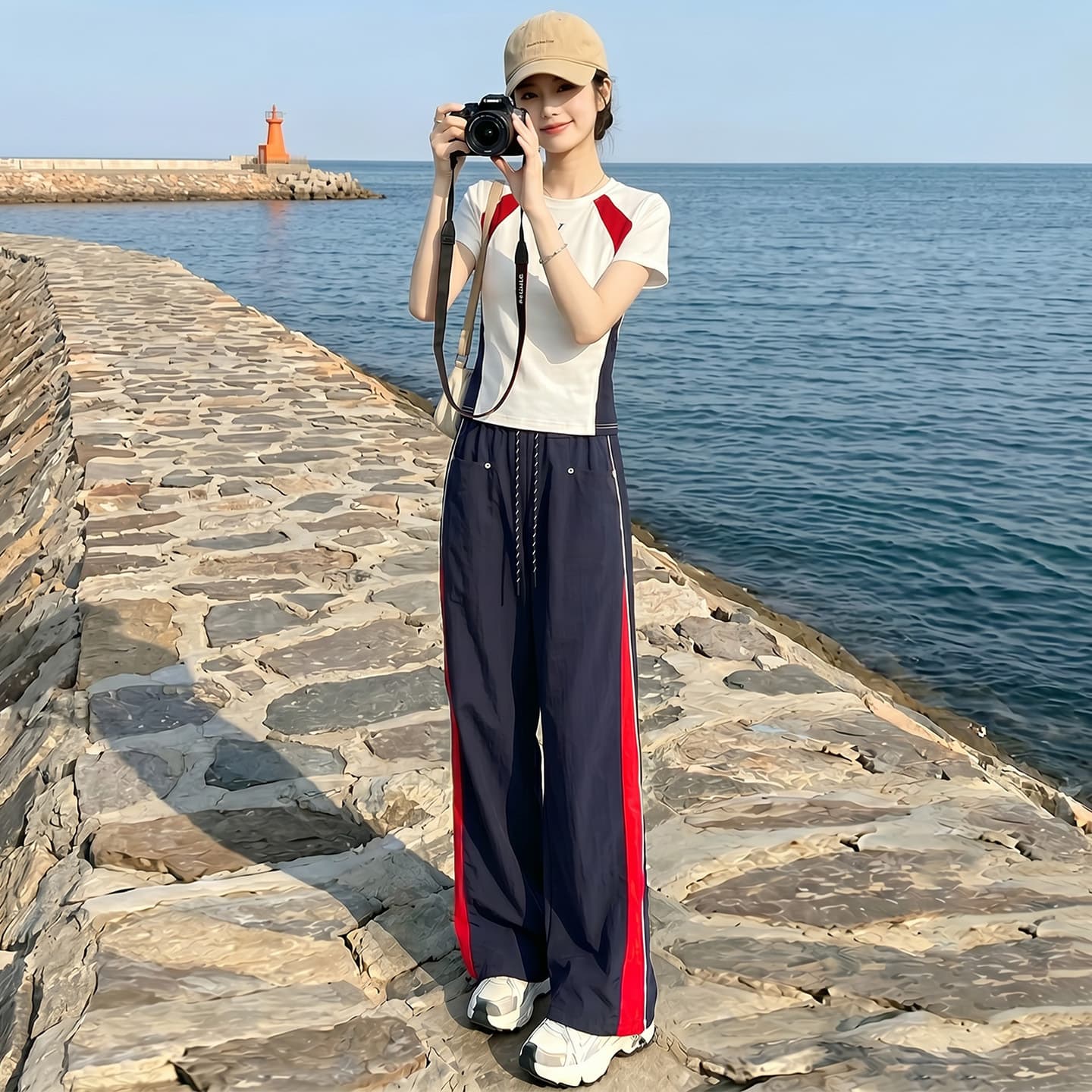 Trendy Casual Sportswear Set for Women Summer New, Round Neck Contrast Color Patchwork Short Sleeve Top and Wide-Leg Pants Two-Piece Set
