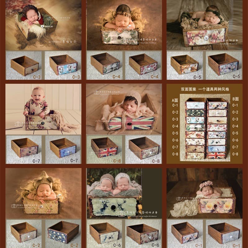 European and American Newborn Photography Prop, Full-Month Photo Shoot Vintage Double-Sided Floral Drawer, Studio Full-Month Styling Small Basket