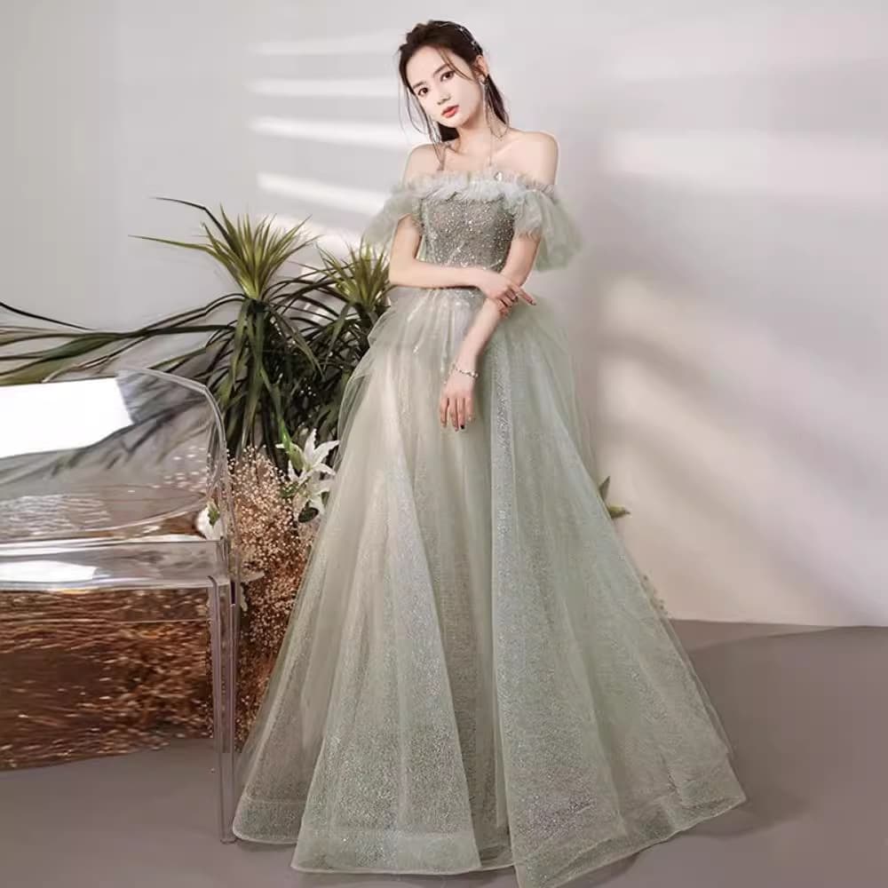 Green Evening Gown 2026 New One-Shoulder Petite Slimming Host Elegant Fairy Forest Style Adult Dress
