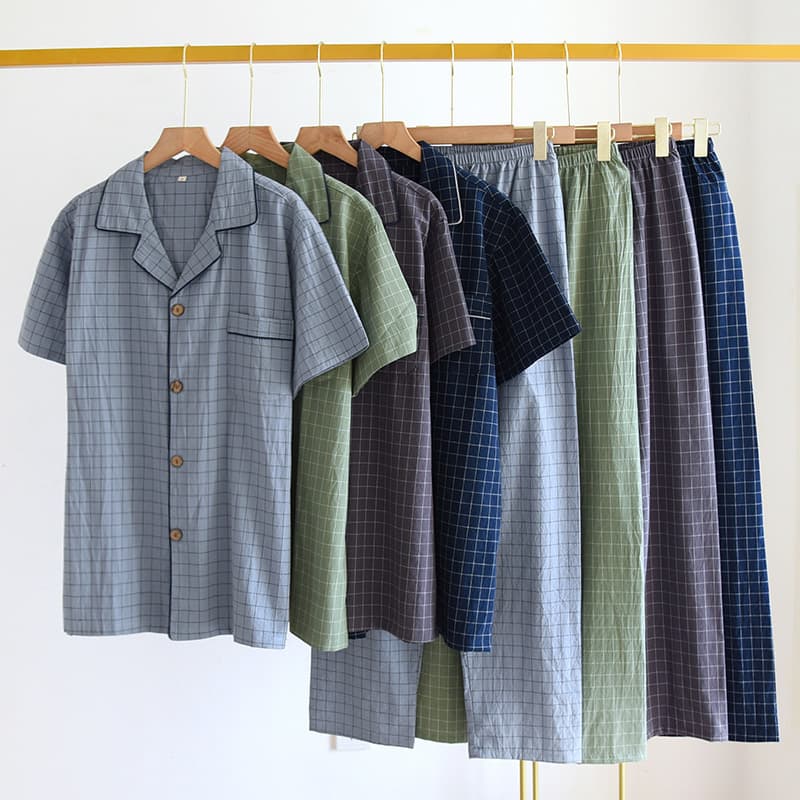 New Summer Cotton Washed Cotton Couple Short Sleeve Long Pants Home Suit Thin Cotton Men's and Women's Pajama Set