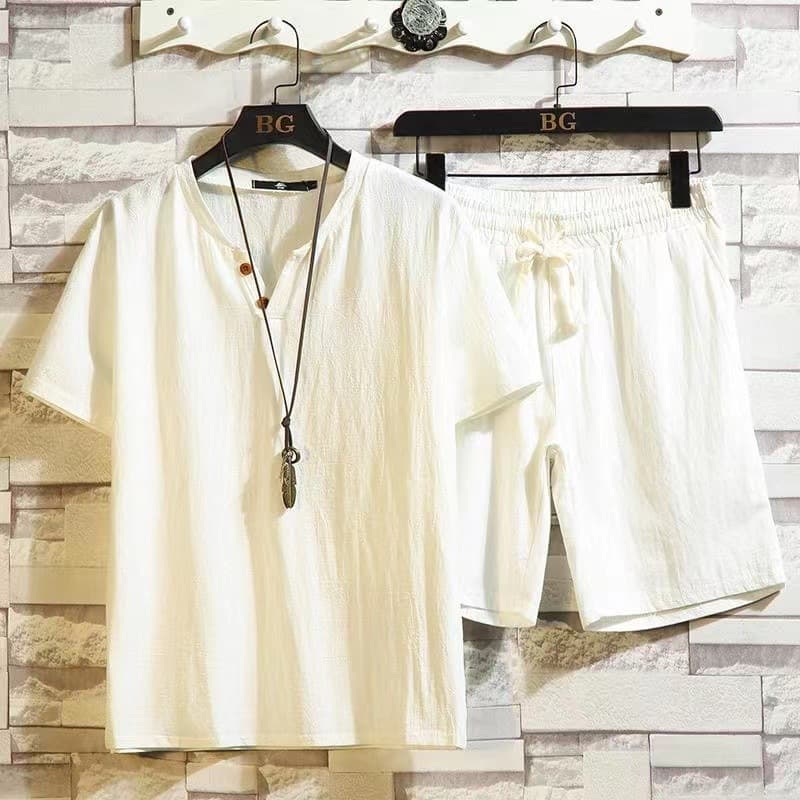 Factory Wholesale Cotton Linen Short Sleeve Shorts Set Men Chinese Style Plus Size V-Neck T-Shirt Casual Sport Linen Two-Piece Set