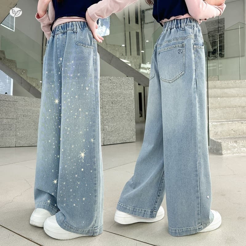 Girls' Pants 2026 Spring New Fashionable Rhinestone Jeans, High-Waist Straight-Leg Pants for Older Children, Spring and Autumn Long Pants
