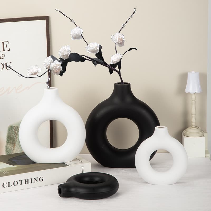 Cross-Border Nordic Retro Plastic Circle Vase Ornament, Wabi-Sabi Style Home Living Room Flower Arrangement, Light Luxury Decoration, Dried Flowers
