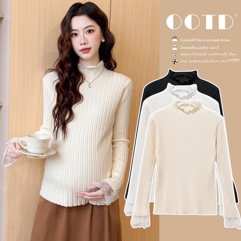 Women's Maternity Base Layer Top for Fall/Winter 2025 New Design Lace Patch Knit Thickened Top