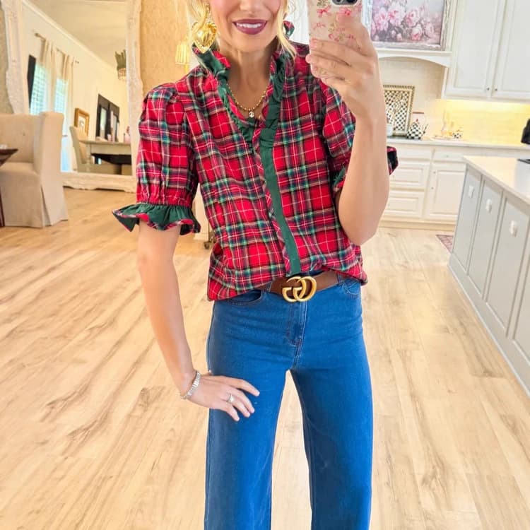 2025 Summer/Autumn New European/American Independent Site Cross-Border Women's Check Classic Flounce Sleeve Top Short-Sleeve Polo Shirt