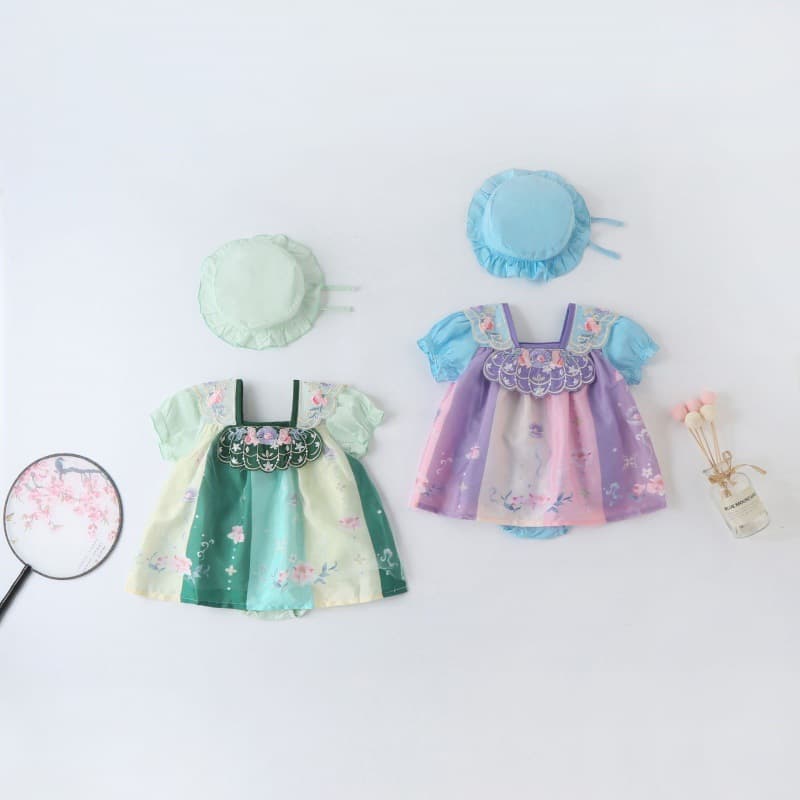 Chinese Style Summer Baby Girl Short Sleeve Vintage Hanfu Bodysuit, Baby Tang Suit Dress