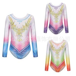Colorful High-Stretch Children's Gymnastics Leotard with Silver Foil Print, Kids Dance Costume, Performance Bodysuit, Long-Sleeve Practice Wear