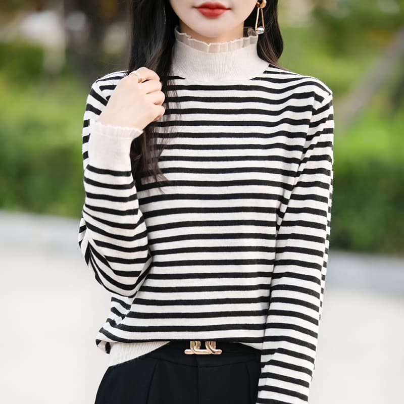 Autumn and winter pullover sweater for women Andy velvet organza lace collar knitted bottoming shirt for women striped Korean version foreign trade wholesale