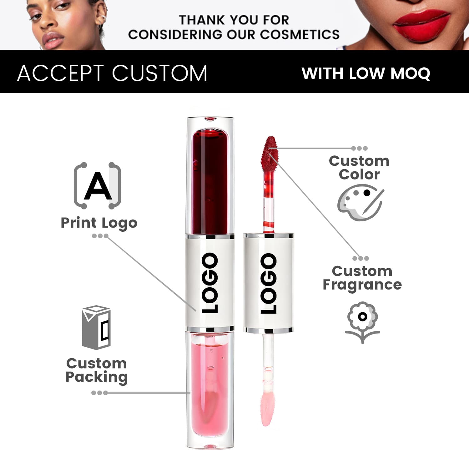 Cross-border Dual-head Tear-off Lip Gloss + Lip Oil No Logo 2-in-1