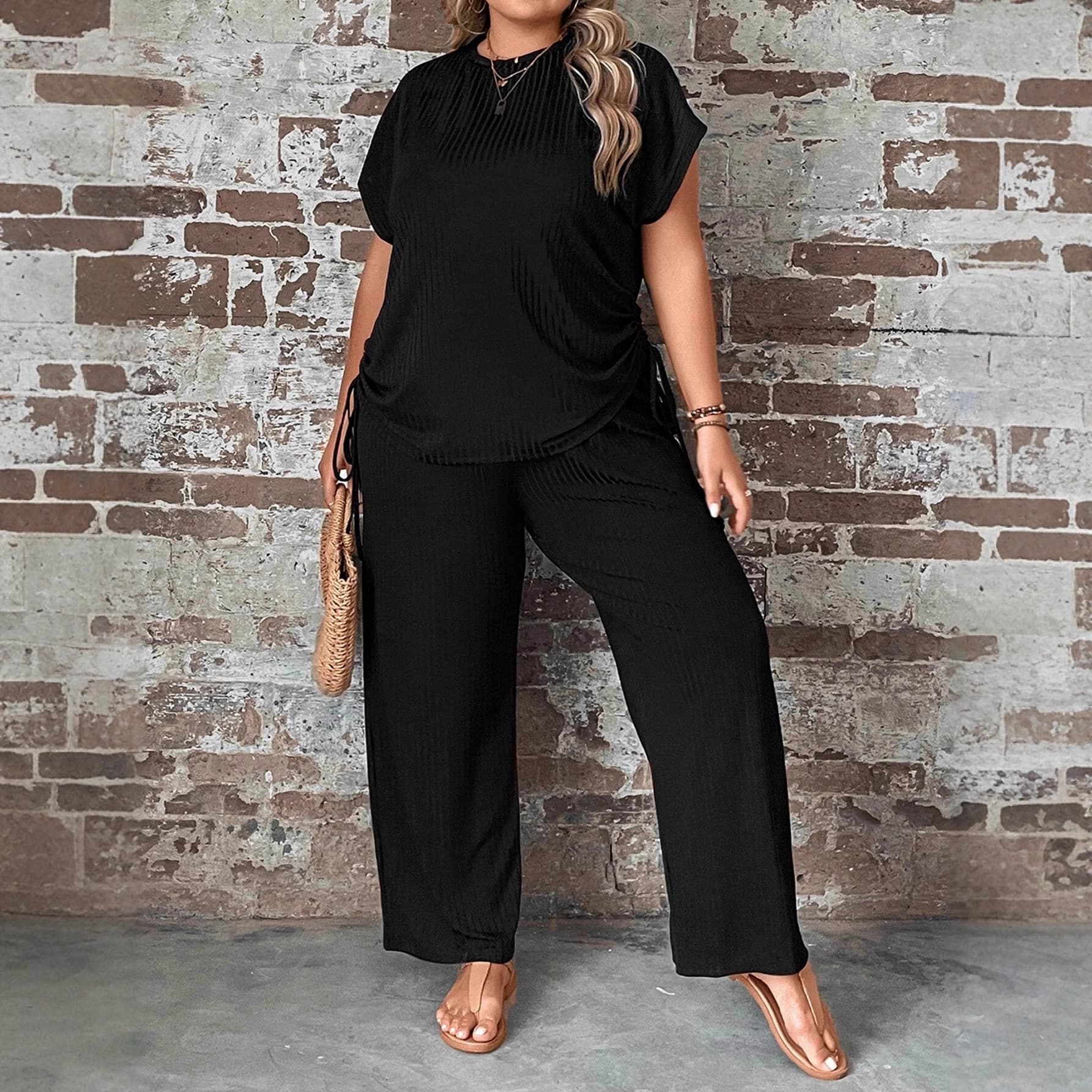 Cross-border Amazon Plus Size Short Sleeve T-Shirt and Long Pants Two-Piece Set Spring Summer Elegant Plus Size Loose Wide Leg Pants Set
