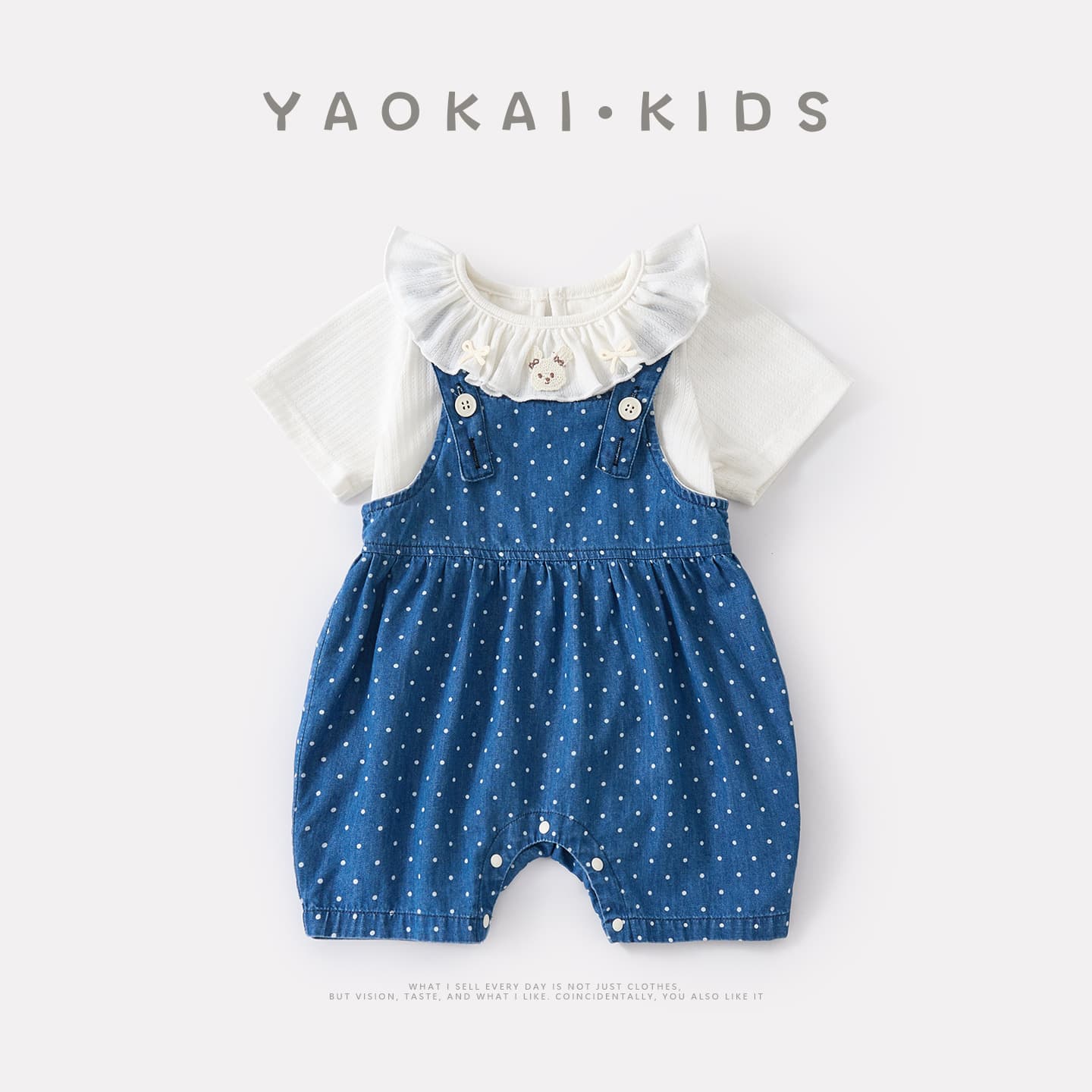 Infants and young children's simple thin doll collar short-sleeved summer new baby style polka dot denim overalls two-piece set