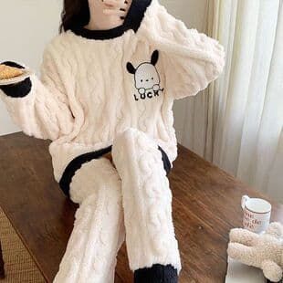 New Round Neck Cartoon Pach Dog Coral Fleece Autumn Winter Pajamas for Women, Round Neck Warm Loose Embroidered Loungewear